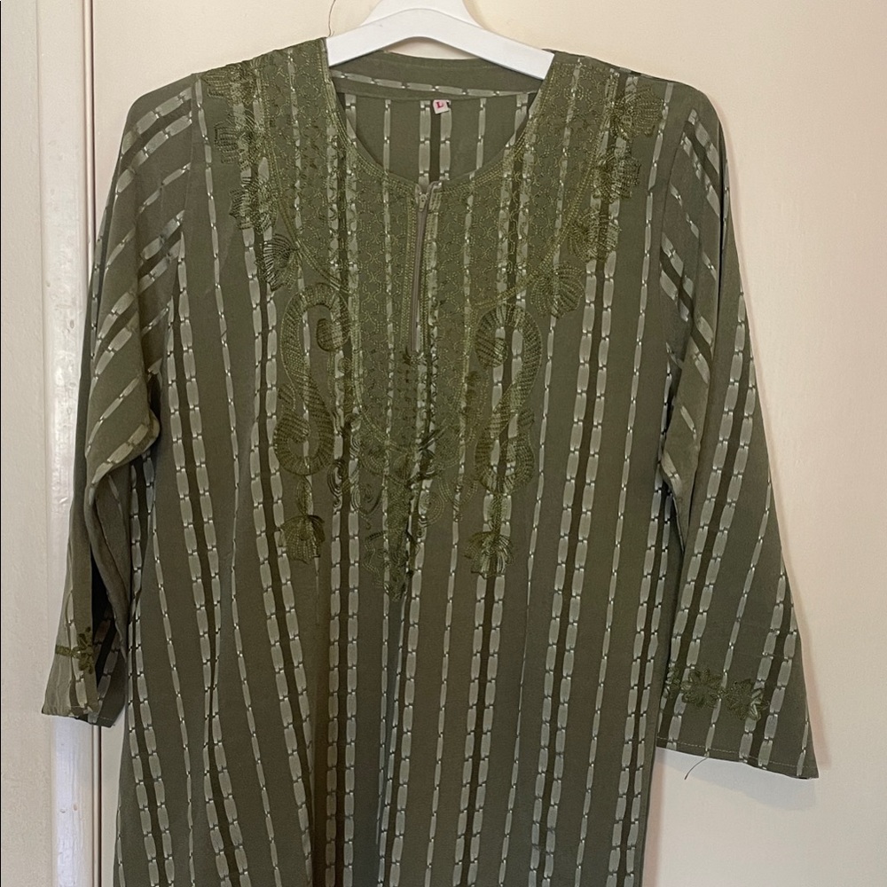Green Striped kaftan dress  with Embroidery